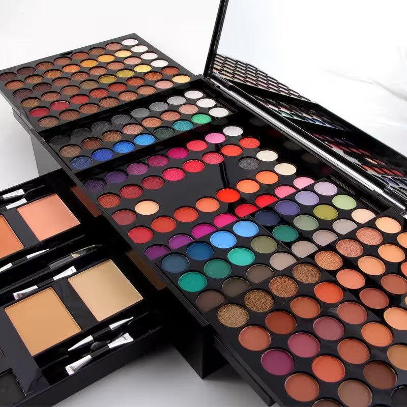 Makeup palettes with a variety of colors on a white background