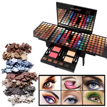 Makeup palette with eyeshadow samples and application examples on a white background