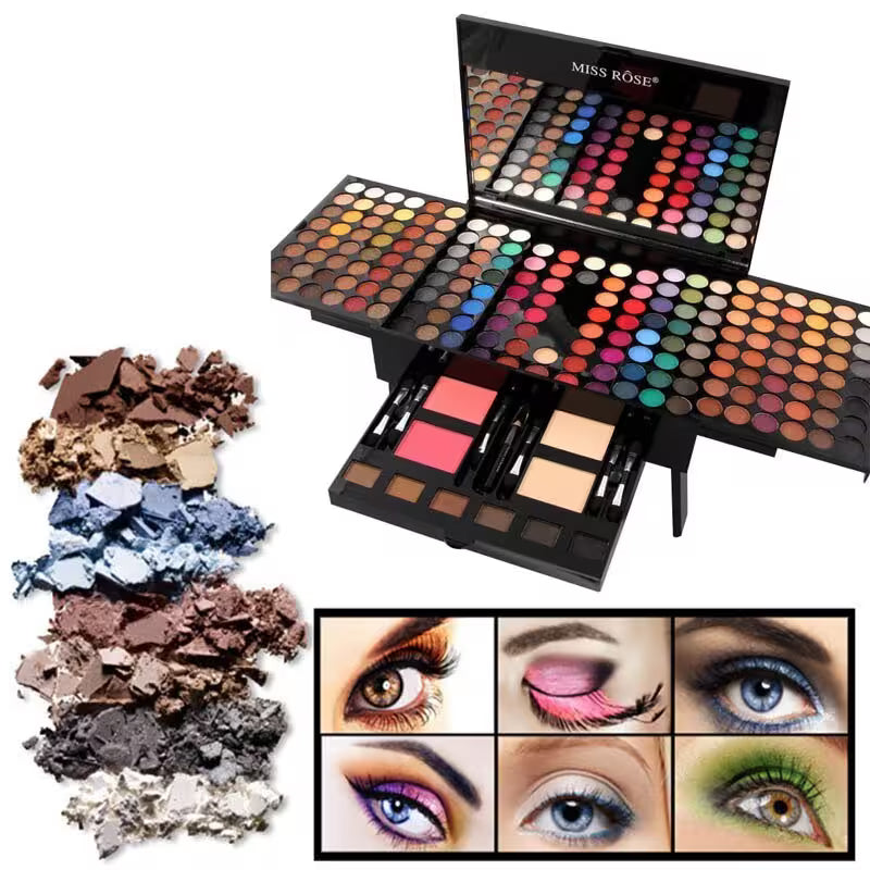 Makeup palette with eyeshadow samples and application examples on a white background