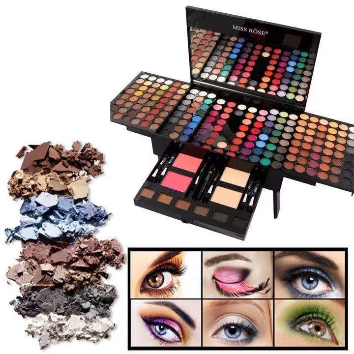 Makeup palette with eyeshadow samples and application examples on a white background