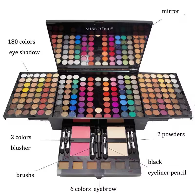 Makeup palette with various colors and tools labeled, featuring the brand 'Miss Rose'.