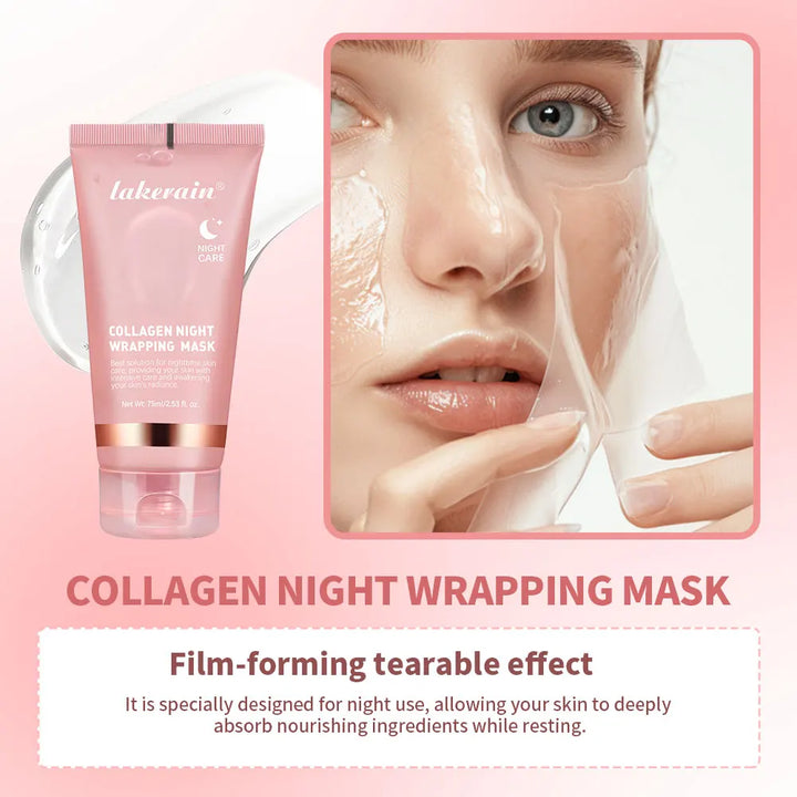Collagen night wrapping mask with a woman applying it on her face, on a pink background.