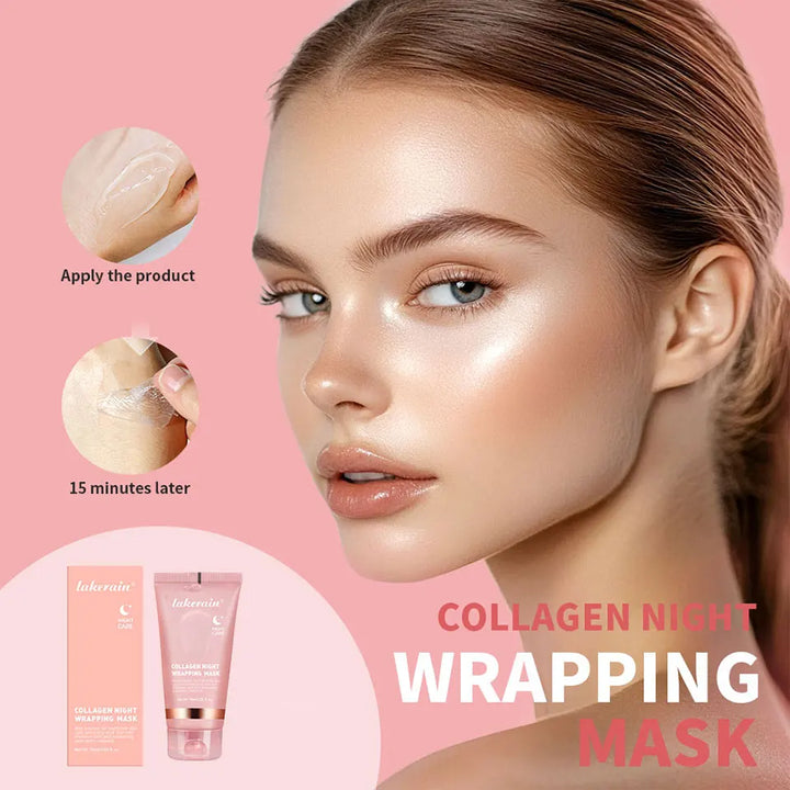 Collagen night wrapping mask advertisement with a woman's face and product packaging on a pink background.