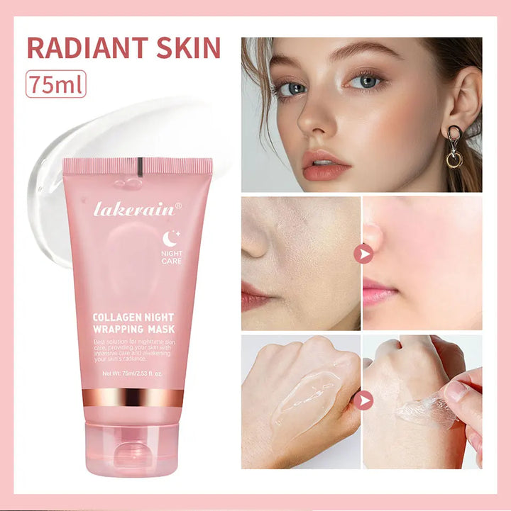 Collagen night wrapping mask advertisement with a woman's face and product packaging on a pink background.