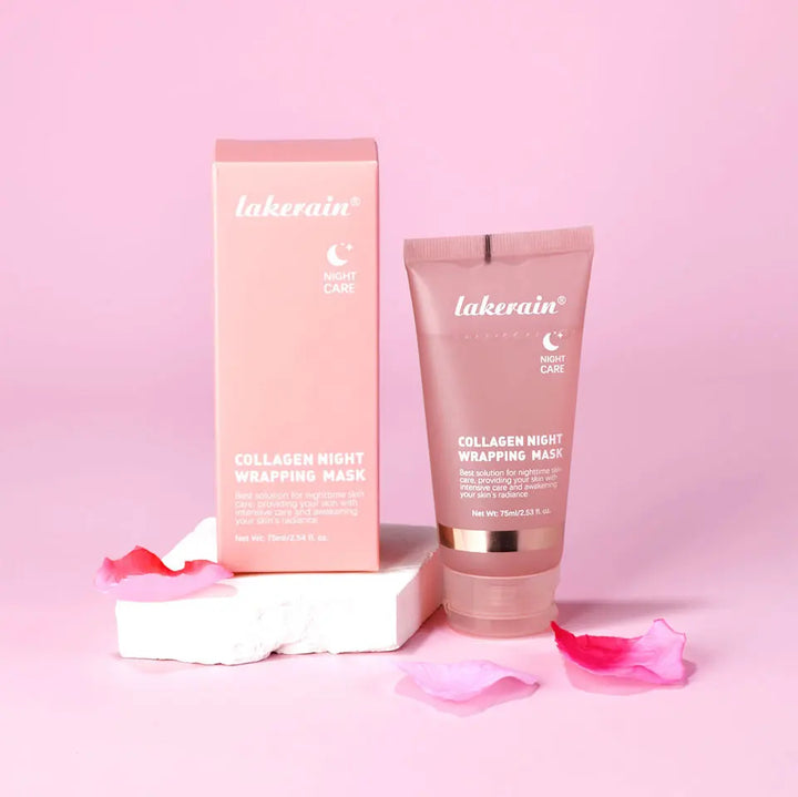 Collagen night wrapping mask packaging and product on a pink background with lakerain branding.