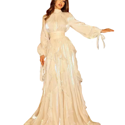 Woman wearing a long, light-colored dress with ruffled sleeves on a transparent background