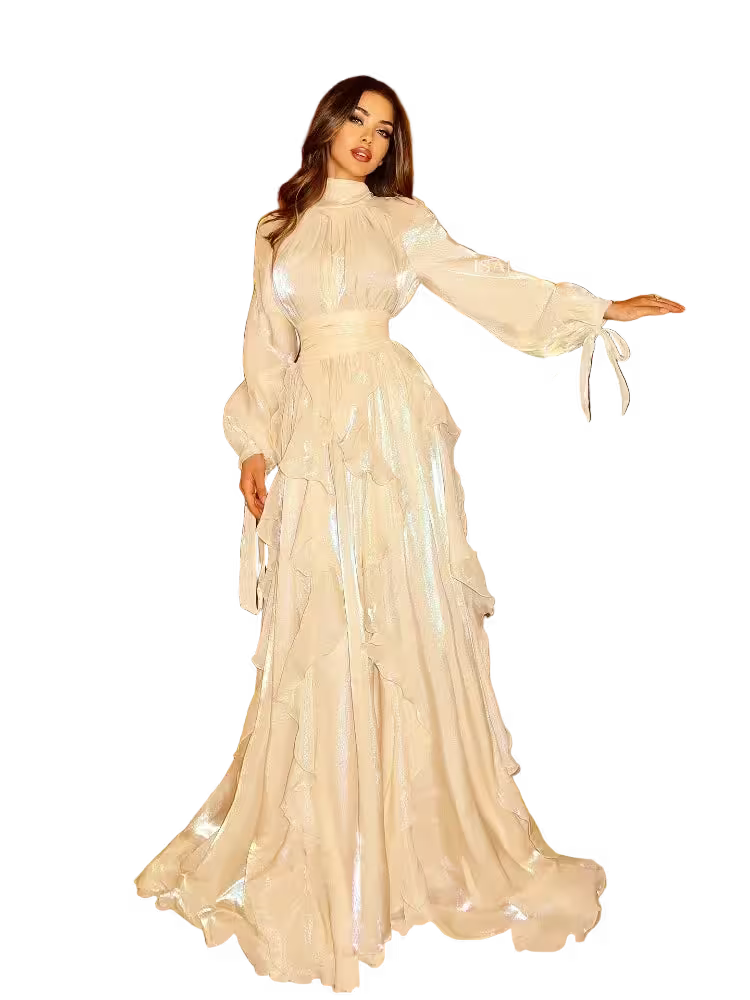 Woman wearing a long, light-colored dress with ruffled sleeves on a transparent background