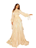 Woman wearing a long, light-colored dress with ruffled sleeves on a transparent background