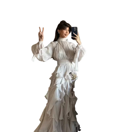 Woman in a white vintage dress taking a mirror selfie on a transparent background