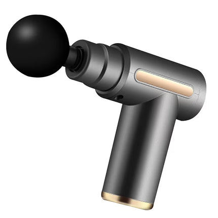 Gray handheld massage gun with black head on a white background