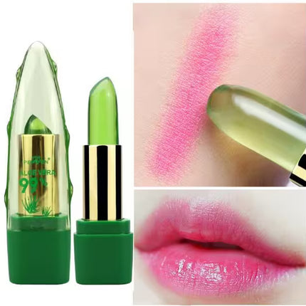 Green lipstick with gold accents, swatch on skin, and close-up of lips wearing the product.