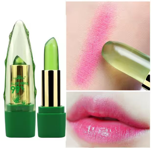 Green lipstick with gold accents, swatch on skin, and close-up of lips wearing the product.