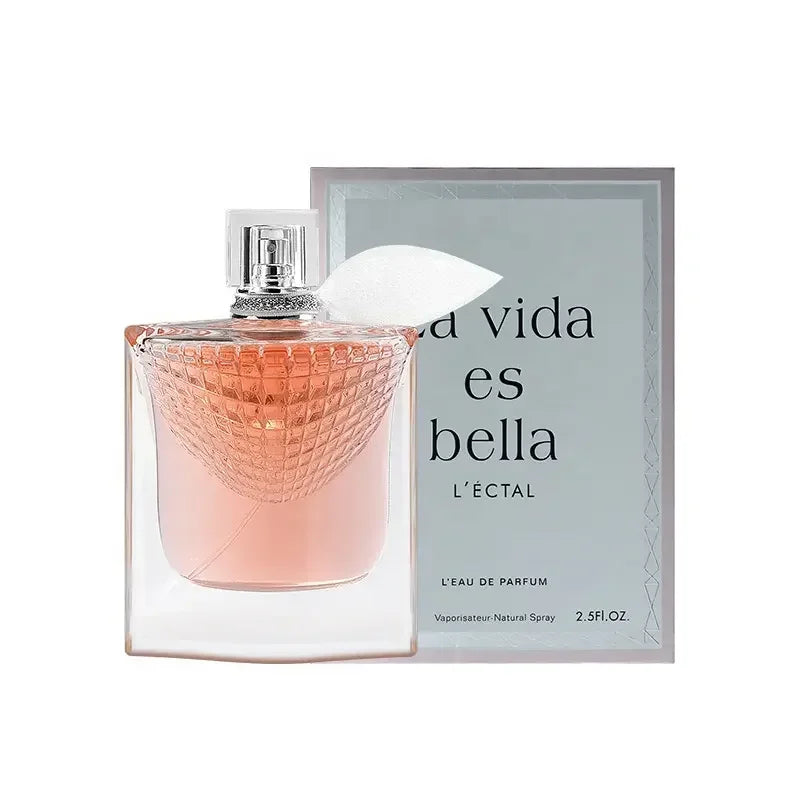Perfume bottle with packaging labeled 'La Vida Es Bella' on a white background
