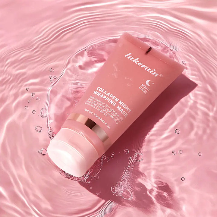 Lakerain Collagen Night Wrapping Mask on a pink water background