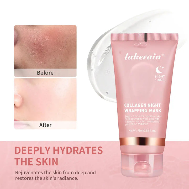 Lakerain collagen night wrapping mask with 'Before' and 'After' skin comparison on a pink background