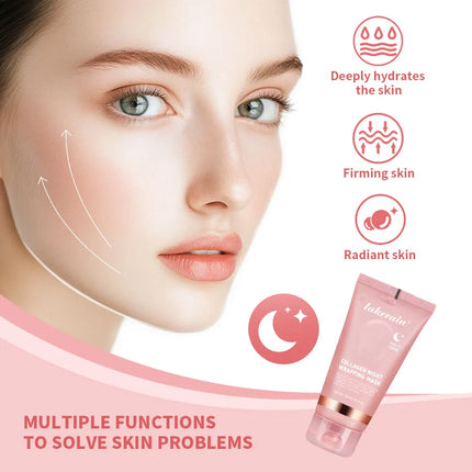 Lakerain collagen night wrapping mask with 'Before' and 'After' skin comparison on a pink background