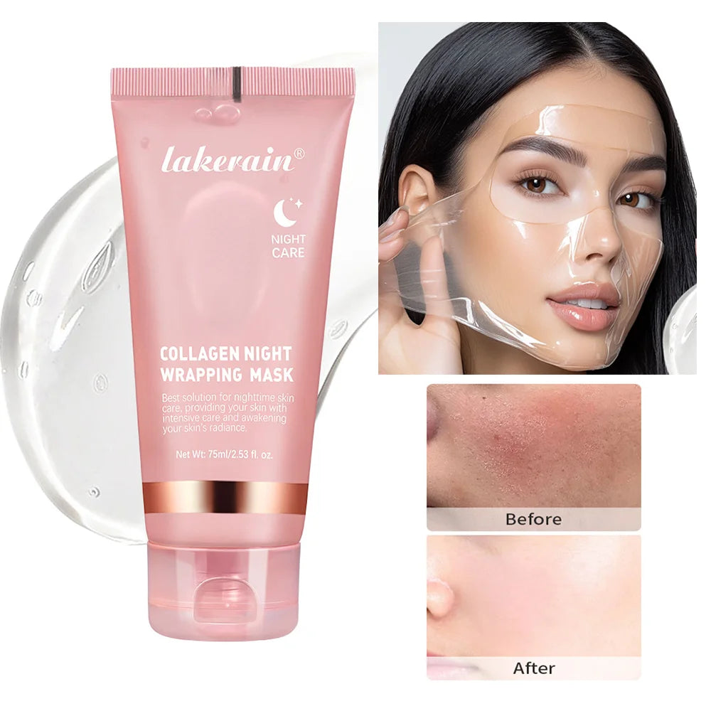 Lakerain collagen night wrapping mask with before and after effects on a white background