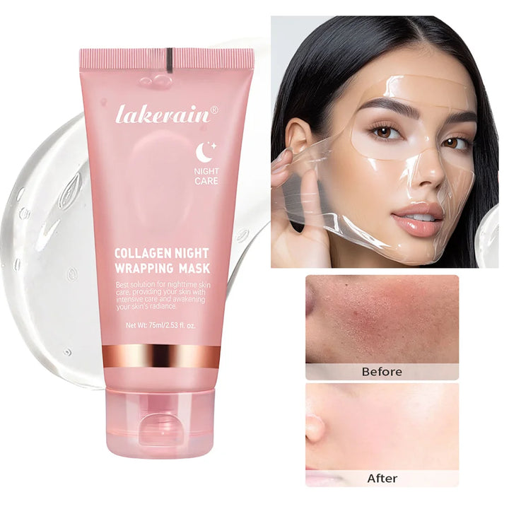 Lakerain collagen night wrapping mask with before and after effects on a white background