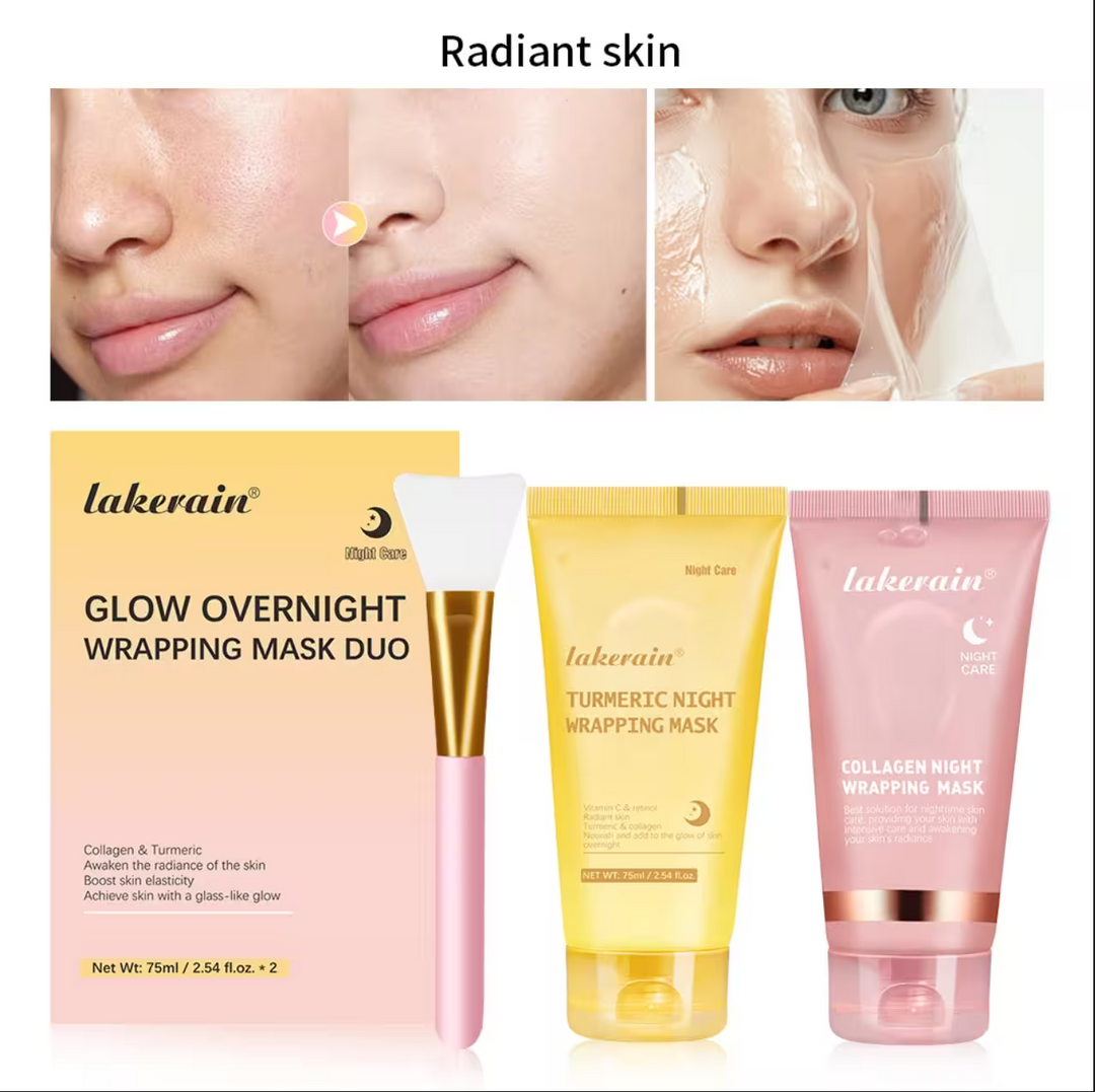 Lakerain skincare products including a mask duo and night wrapping masks on a white background.