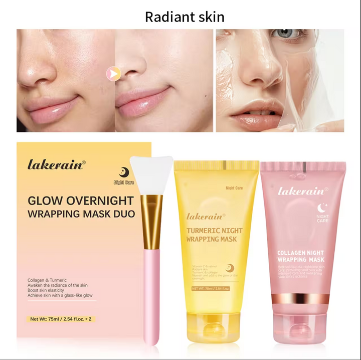 Lakerain skincare products including a mask duo and night wrapping masks on a white background.