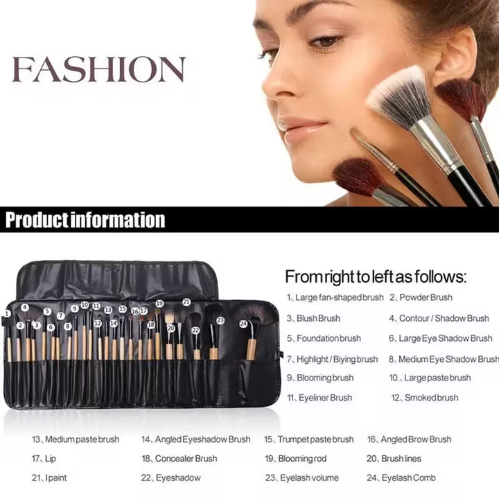 Makeup brushes with a woman's face and product information on a white background