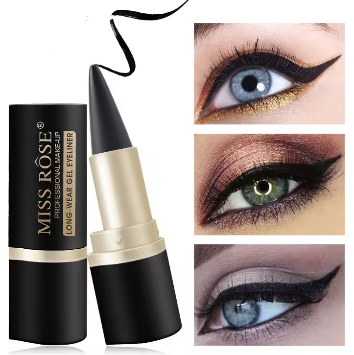 Miss Rose gel eyeliner with close-up examples of eye makeup application.