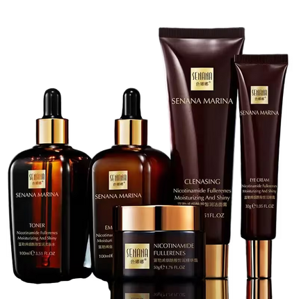 Senana Marina skincare products including bottles and tubes on a black background