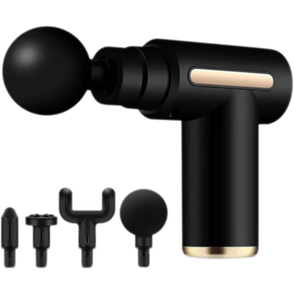 Black handheld massage device with various attachments on a white background