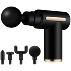 Black handheld massage device with various attachments on a white background