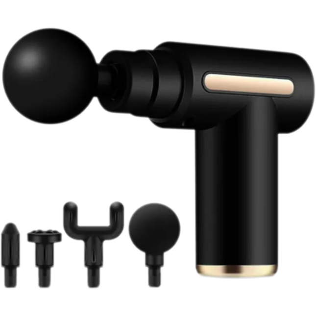 Black handheld massage device with various attachments on a white background