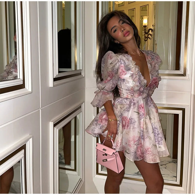 Women’s Mesh Patchwork Flower Print Mini Dress