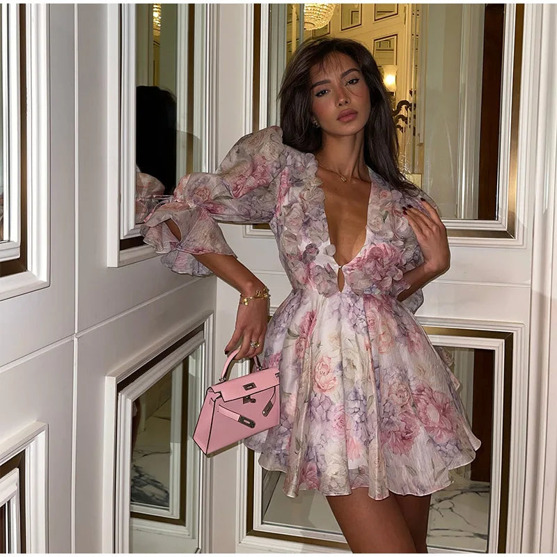 Women’s Mesh Patchwork Flower Print Mini Dress