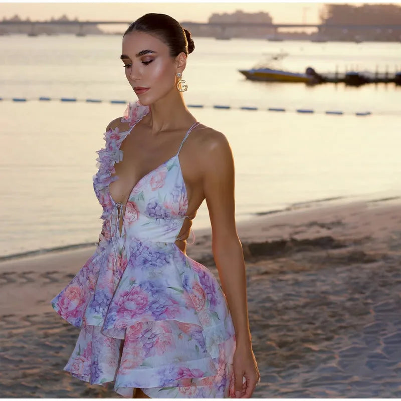Women’s Mesh Patchwork Flower Print Mini Dress