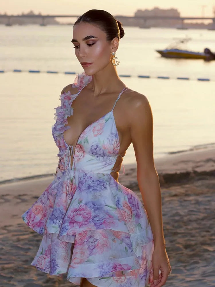 Women’s Mesh Patchwork Flower Print Mini Dress