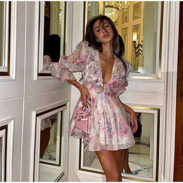 Women’s Mesh Patchwork Flower Print Mini Dress