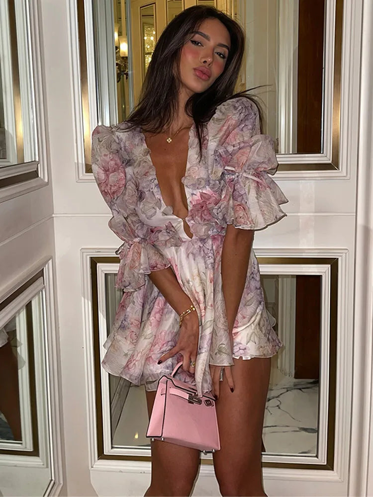 Women’s Mesh Patchwork Flower Print Mini Dress