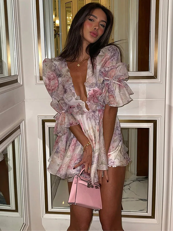 Women’s Mesh Patchwork Flower Print Mini Dress