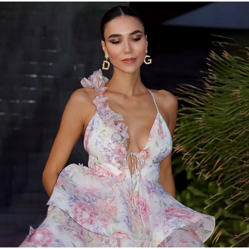 Women’s Mesh Patchwork Flower Print Mini Dress