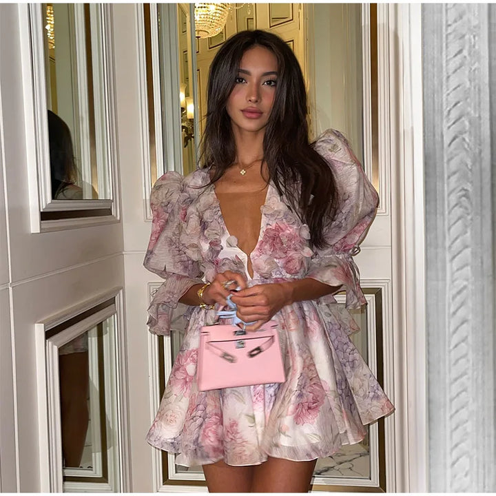 Women’s Mesh Patchwork Flower Print Mini Dress