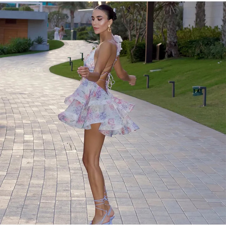 Women’s Mesh Patchwork Flower Print Mini Dress