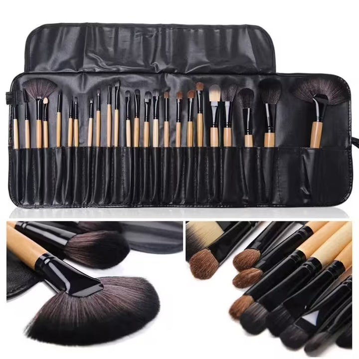 Set of makeup brushes with black case and close-up shots on a white background