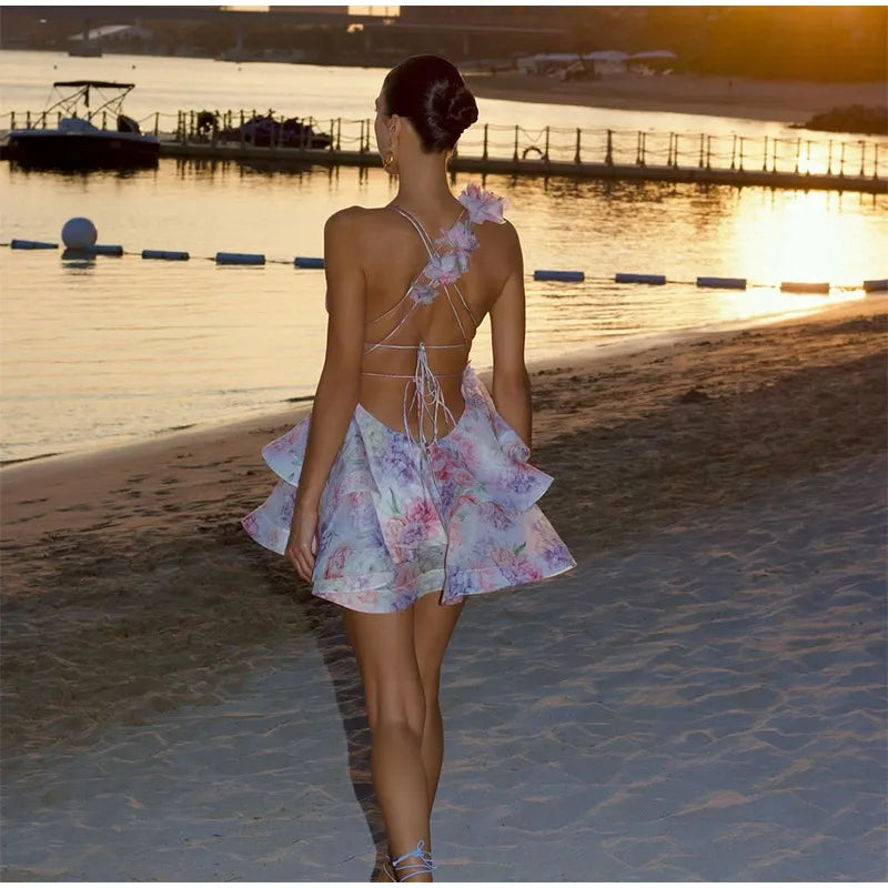 Women’s Mesh Patchwork Flower Print Mini Dress