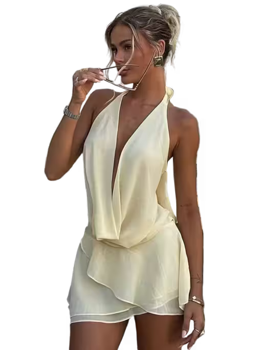 Woman wearing a light-colored dress with a plunging neckline on a transparent background