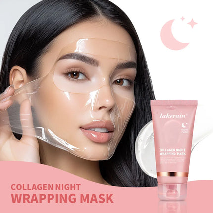 Woman using a collagen night wrapping mask with a pink tube labeled 'Lakerain' on a light pink background.