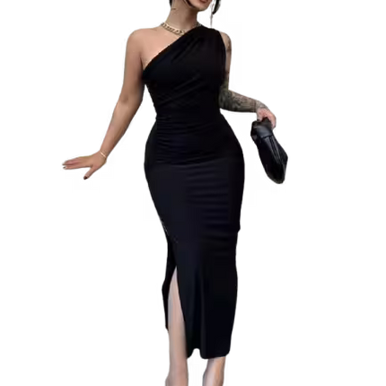 Woman in a black one-shoulder dress with a high slit, holding a clutch, on a transparent background.