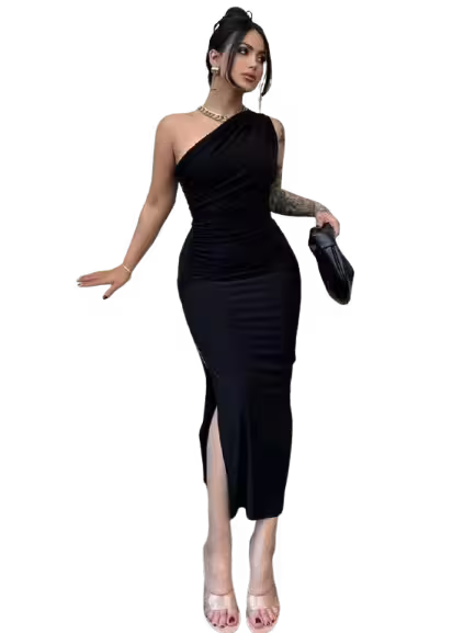 Woman in a black one-shoulder dress with a high slit, holding a clutch, on a transparent background.