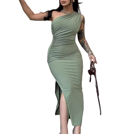 Woman in a green dress with arm sleeves on a transparent background