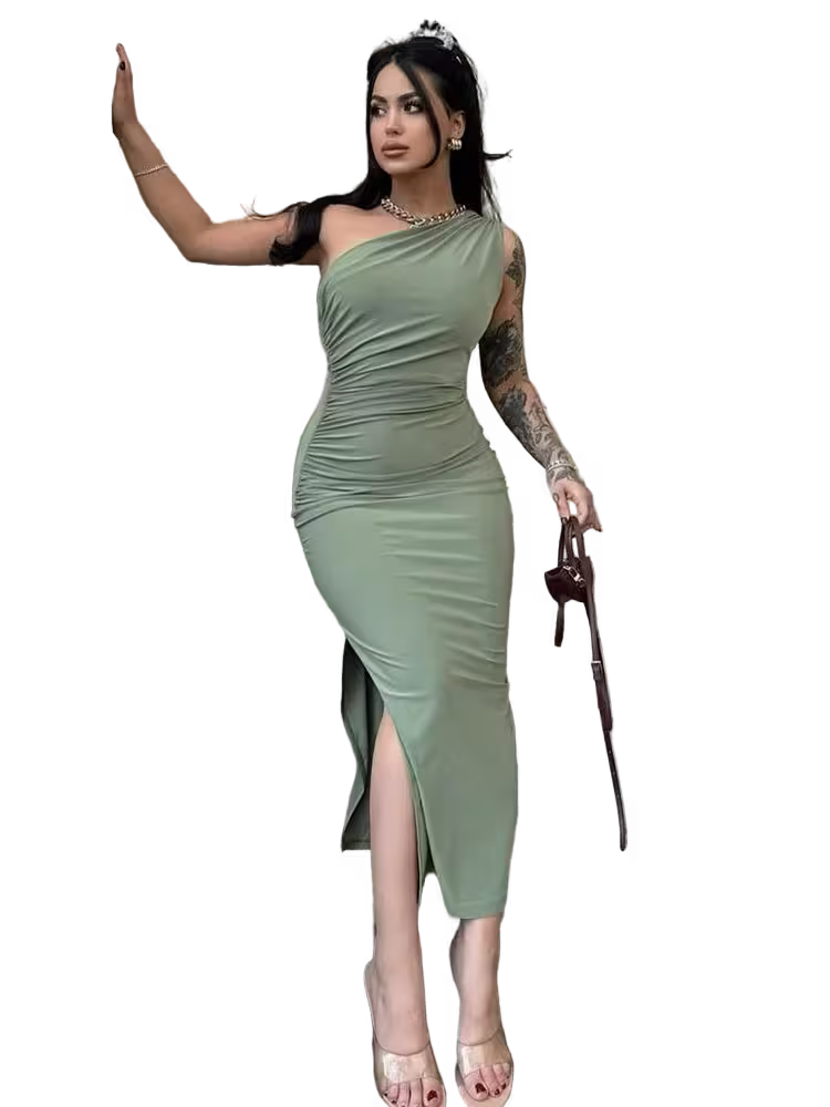 Woman in a green dress with arm sleeves on a transparent background