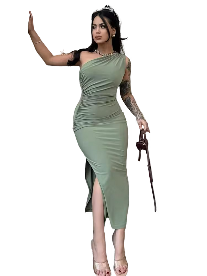Woman in a green dress with arm sleeves on a transparent background