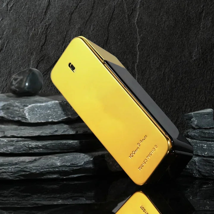 Gold phone case with brand name on a dark stone background